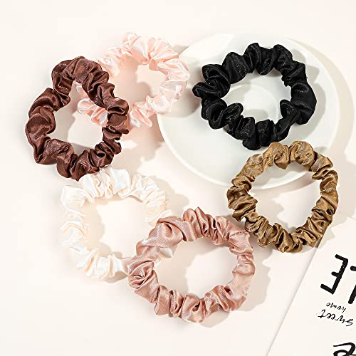Satin Silk Hair Ties Small Mini Scrunchy for Women Cute Ponytail Holders Mini Bulk Scrunchies Elastic Hair Bands for Thick Curly Hair Pony Tails Hair Ties (12 Pcs) - color: Pink-brown