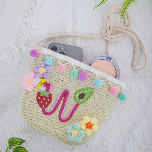 Letter Small Woven Straw Summer Beach Tote Bag for Women 2025,Woven Straw Beach Purse Shoulder Crossbody Bag for Women 2025 - color: Brown W