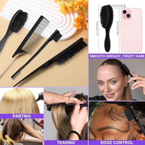 START MAKERS Hair Wax Stick and Slick Back Hair Brush Set for Women Kids Men 5PCS, with Edge Brush, Teasing Brush, Rat Tail Comb & Mini Boar Bristle Brushes for Flyaways, Control, Sleek, Ponytail Buns