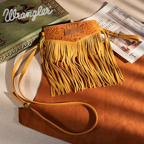 Wrangler Crossbody Small Purse for Women Wristlet Fringe Bag Western Purse - color: Angel Yellow
