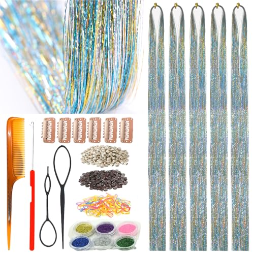 Celinebella Gold Turquoise Hair Tinsel, 48" 1250 Strands Ice Crystal | Ombre gold turquoise ice crystal effect, multi-tone shimmer, heat resistant, ideal for wedding prom cosplay & fantasy events - color: 09-Gold Turquoise, size: 48 Inch Pack of 5Pcs