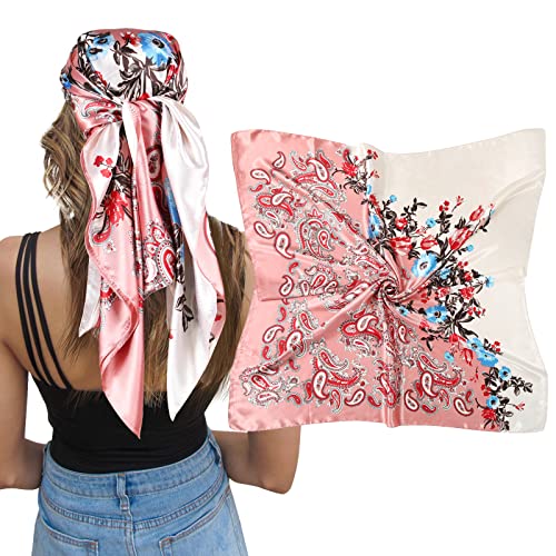 AWAYTR Satin Silk Scarf - Large Hair Bandana, Sleeping Wrap for Women - color: Cashew(white+pink)