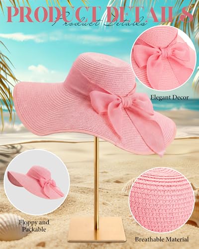 3 Pcs Summer Beach Set for Women Wide Brim Straw Sun Hat, Swimsuit Coverup Sarong, Heart Sunglasses - color: Pink