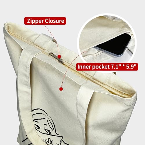itgowisa Canvas Tote Bag for Women, Tote Bag with Zipper Inner Pocket, Zippered Canvas Bag for Shopping Work Grocery Everyday - style: Reader