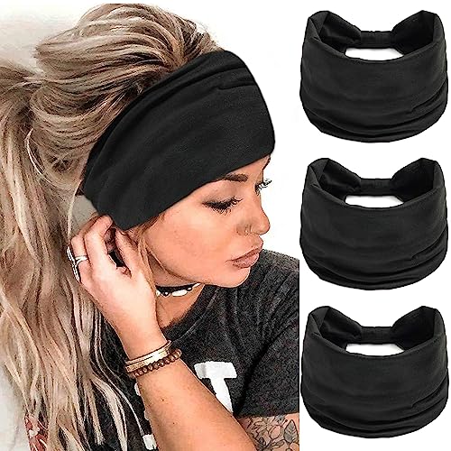 FULZTEY Black Headbands for Women Elastic Hairband Wide Knotted Hair Bands Solid Color Turban Non Slip Yoga Workout Head Wraps Large Cotton Bandanas Boho Hair Accessories for Girls 3pcs - color: Style 34