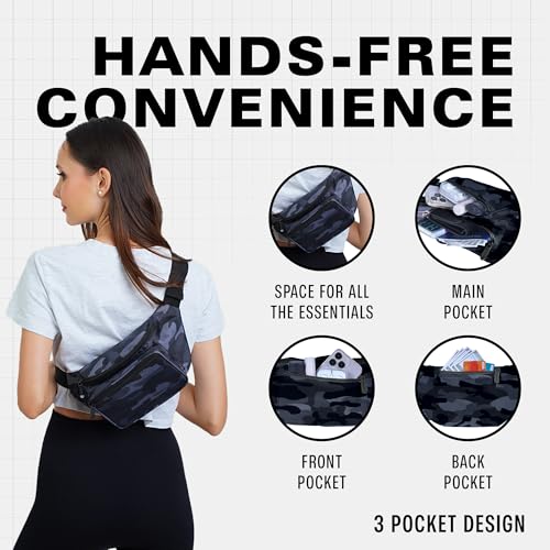 Black Camo Fanny Pack Belt bag - Crossbody Waist Bag for Men or Women - Hands-Free, Waterproof Large Bumbag for Hiking, Running, and Travel - color: Black Camo