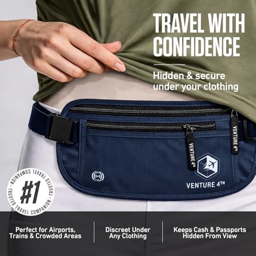 VENTURE 4TH Money Belt for Travel – Slim Hidden Under-Clothes RFID Blocking Anti-Theft Passport Holder & Travel Wallet Pouch for Men & Women to Protect Cash, Cards & Documents (Navy Blue) - color: Navy Blue