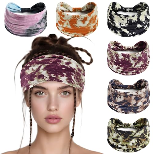 6 Pack Boho Style Women's Headbands, Non slip Fashion Wide Elastic hairband, Daily Sports Yoga Workout Women's Hair Bands,Floral Print-Splashing Ink - color: Type 9