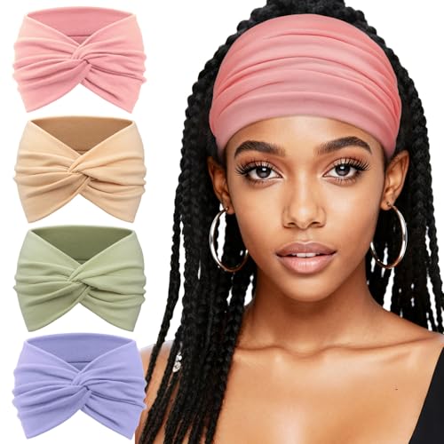 AQOKKA Extra Wide Headbands for Women Large Turban Headband Non Slip Boho Elastic Hairband Hair Twisted Knot Head Bands Accessories - color: 4 Pcs Solid: Light Purple, Pink, Grass Green, Khaki