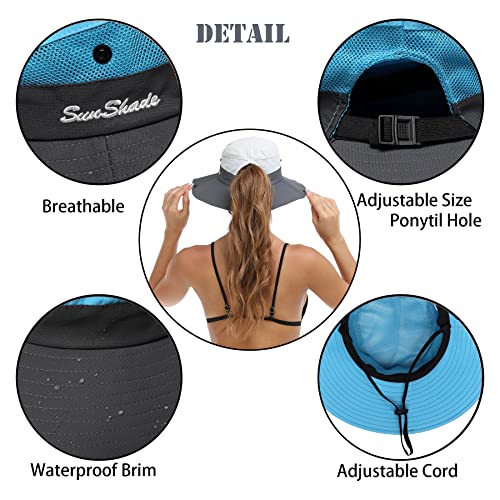 Womens Summer Sun Hat Beach Hat Wide Brim Outdoor UV Protection Hat Foldable Cool Mesh Ponytail Bucket Hat - color: Sky Blue-gray