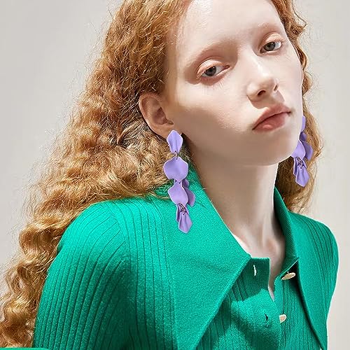 Long Acrylic Rose Petal Earrings Dangle Exaggerated Flower Earrings Drop Statement Floral Tassel Earrings for Women - color: Violet