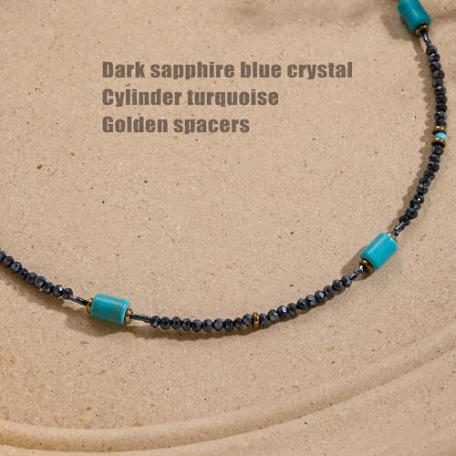 Turquoise Choker Necklace for Women, Western Crystal Bead & Pearl Necklace with Adjustable Chain Natural Stone Energy Jewelry, Boho Beaded Choker for Gifts - color: Turq Cylinder