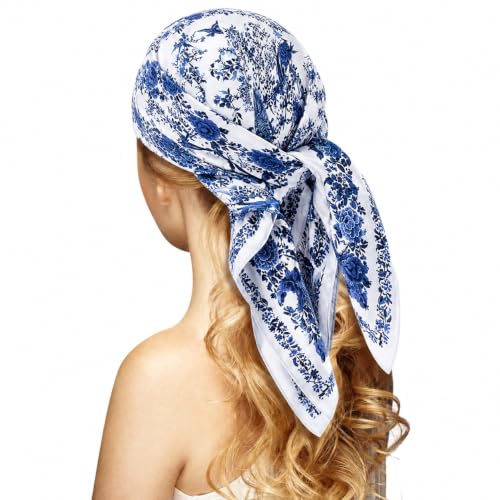 Stlvoll 100% Silk Head Scarf for Women - 27" Hair Scarves Satin Bandanas Square for Night Sleeping with Gift Packed - color: Flower/Navy Blue