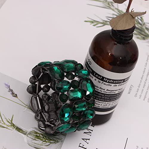 Women’s Wedding Bridal Crystal Leaf Flower Stretch Bangle Elastic Wide Bracelet Jewelry for Brides Bridesmaid - color: Emerald-Jet Plated