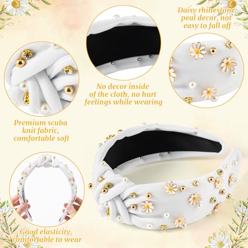 PANTIDE Daisy Jeweled Knotted Headband - Rhinestone Crystal Beads Embellished Headband Wide Top Knot Fashion Hairband Hair Accessories Spring Summer Birthday Holiday Gift for Women Girls (White) - color: White Daisy
