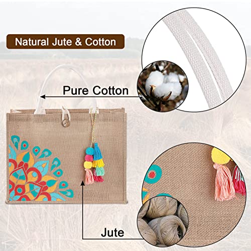 itgowisa Jute Beach Bag for Women, Burlap Beach Tote Bag with Tassel Pocket, Summer Gift for Vacation, Pool, Cruise & Grocery | Jute material - color: Colorful Tassel