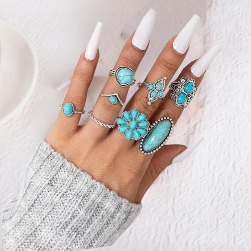 Bohemian Turquoise Ring for Women Stackable Vintage Chunky Boho Turquoise Ring Set Dainty Open Gemstone Knuckle Midi Finger Rings Western Statement Rings Jewelry - style: eight ring