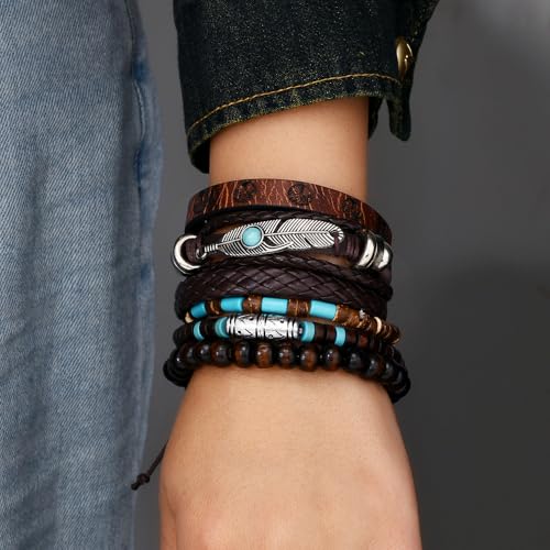 Turquoise Leather Western Bracelets for Women Men Bohemian Retro Turquoise Wrap Bracelets Exquisite Layered Stacked Cowboy Cowgirl Bracelet Western Country Concert Outfits Leather Cuff Bracelet for Women - style: Feather