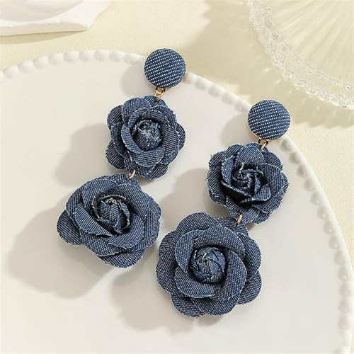 coadipress Boho Denim Camellia Flower Dangle Earrings for Women Exaggerated Big Layered Tiered Blossom Floral Drop Long Earring Chic Statement Earrings Wedding Bridal Jewelry Gifts - style: 2 Flower Dark Blue