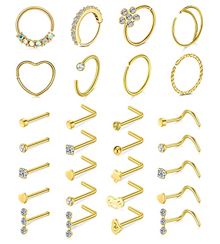Mayhoop 20g Nose Rings Hoops And Studs For Women Men - Hypoallergenic 316L Surgical Stainless Steel L Shape Nose Screw Bone Silver Rose Gold Black Rainbow Pack 28Pcs - color: 1#Gold