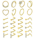Mayhoop 20g Nose Rings Hoops And Studs For Women Men - Hypoallergenic 316L Surgical Stainless Steel L Shape Nose Screw Bone Silver Rose Gold Black Rainbow Pack 28Pcs - color: 1#Gold