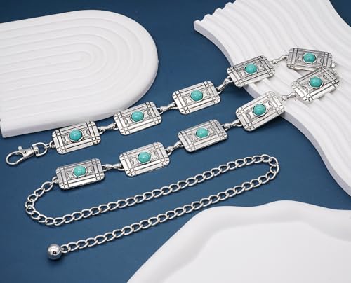 Women Western Chain Belt Adjustable Turquoise Metal Waist Chain Boho Chain Link Belt for Jeans or Dresses - color: Turquoise Square Silver, size: L: 53.1 in/135 cm