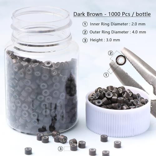 NIACONN 1000Pcs 4mm Dark Brown Hair Tinsel Beads, Microlink Rings I Tip Hair Extension Beads with Silicone Lined - color: Dark brown, size: 4mm