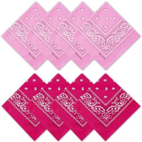 Raylarnia 8 PCS 100% Cotton Bandanas, 22 Inchs Multi-Purpose Bandana Scarfs Headbands for Men and Women - color: 4-pink/4-hot Pink