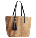 YXILEE Straw Bags For Women | M Size Travel Straw Totes Bag Woven Summer Handmade Shoulder Bag Handbag - color: Black