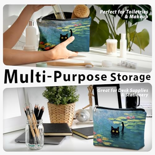 Black Cat Makeup Bag, Black Cat Mom Lovers Lady Gifts Cosmetic Bag for Women, Pet Lover Gifts, Impressionist Whimsical Waterlily Kitten Small Toiletry Bags Zipper Makeup Pouch - color: 02-Cat(00)