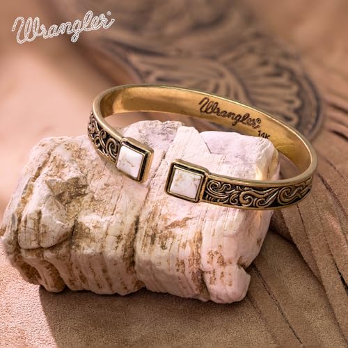 Montana West Wrangler Cuff Bracelet for Women Western Turquoise Adjustable Open Bangle Silver Plated Carved Floral Cowgirl Country Jewelry - color: Gold-White