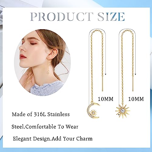 ORAZIO 9 Pairs Threader Earrings for Women Stainless Steel Chain Tassel Earrings Lightweight Double Twist Wave Heart Moon Leaf Threader Dangle Drop Earrings Minimalist Long Chain Earrings Set - color: Gold Tone