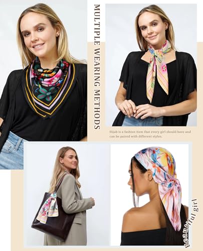 AWAYTR 27.5” Silk Satin Square Head Scarf - 4PCS Satin Head Scarves for Women Hair Kerchief Bandanas Sleeping Head Wraps - color: Flower(black/Pink/White/Yellow)