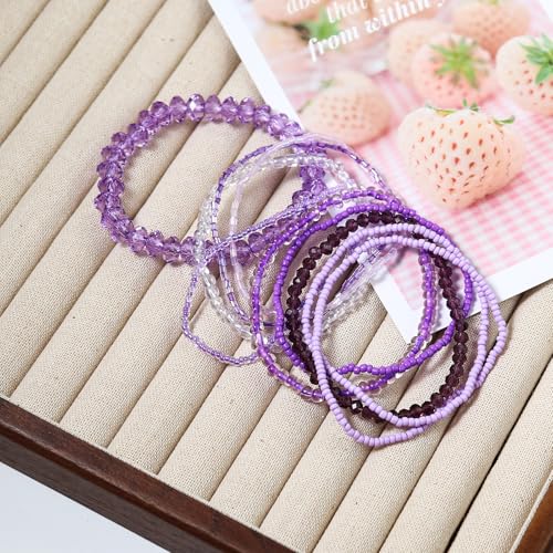 Caiyao Bohemian Multilayer Stackable Seed Beaded Bracelets Colorful Crystal Glass Beads Strand Bangle Bracelet BFF Wristbands Bracelet for Women Summer Beach Hawaii Jewelry Birthday Gifts - color: Purple 1