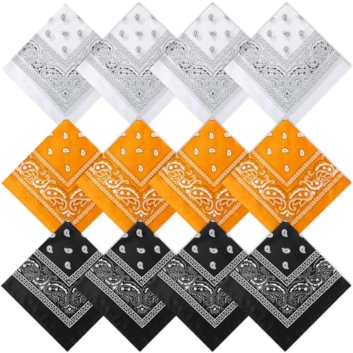 Suhine 24 Pcs Bandanas Bulk for Women Men 22 x 22 Inch Paisley Outdoor Headband Cowboy Handkerchief Summer - color: Black, Orange, White