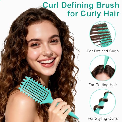 Curly Hair Brush, Curl Defining Brush with Soft Boar Bristles Detangling Tangled Glides, Wide-Teeth Design Effortlessly Shaping & Defining Curls (Pink Green) - color: Pink Green