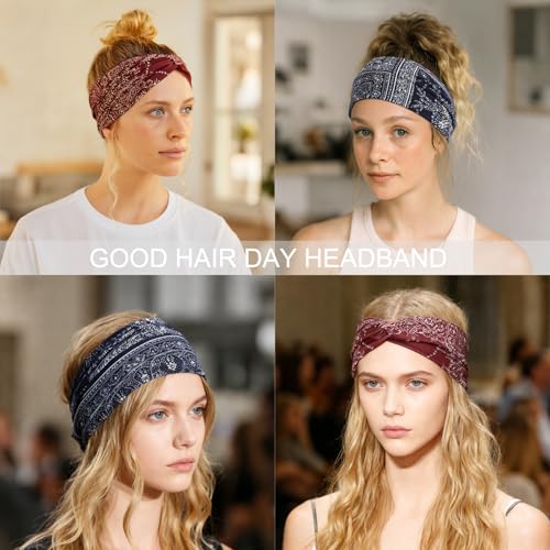 Artilady 6 Pack Boho Headbands for Women - Wide Bandana Headband Non Slip Stretchy Cheetah Paisley Print Turban Headwarp Twisted for Girls - color: Dark Patterned