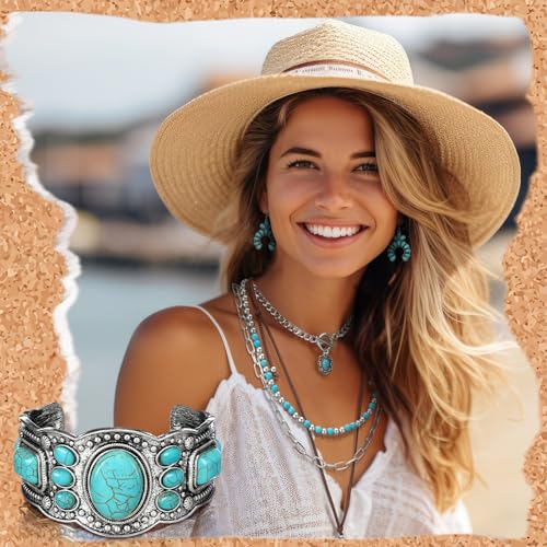 Inbagi 3 Pcs Boho Western Jewelry for Women Turquoise Jewelry Set Vintage Earrings Bracelet Western Bohemian Necklace for Women Cowboy Cowgirls - style: Elegant