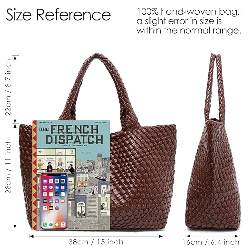 Handmade Woven Tote Bag for Women, Soft Vegan Leather Shoulder Bag with Purse, Large Travel Handbag - color: Red-brown