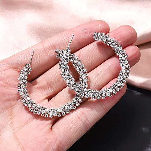 Rhinestone Hoop Earring for Women Sparkly Crystal Wrapped Hoop Dangle Earrings Statement Boho Gold Black Plated CZ Hoop Earring - color: B1: Silver