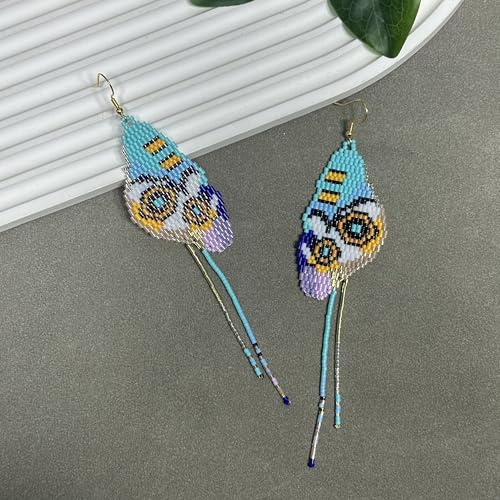 Handmade Seed Beaded Earrings, Lightweight Boho Fringe Dangle Earrings, Glass Bead Drop Jewelry for Everyday Wear & Party, Women Gifts - color: Budgie