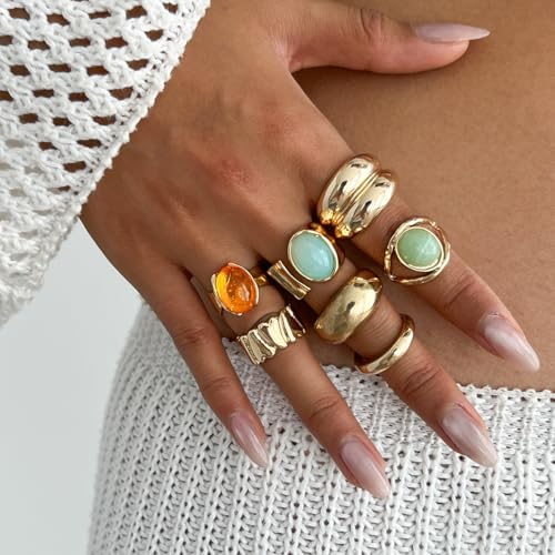 Chunky Gold Rings for Women Non Tarnish Silver Chunky Rings Set Adjustable Thick Statement Ring Gold Stackable Ring for Women Trendy Fashion Silver Jewelry - style: Style8-Blue Gemstone 7Pcs