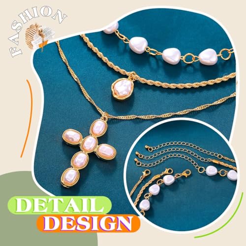 ACEDRE Pearl Cross Necklace Gold Layered Pearls Necklaces Jewelry for Women