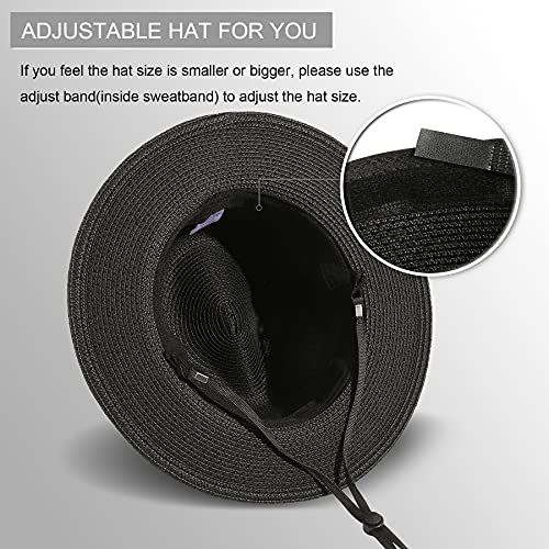 Lanzom Women Wide Brim Straw Panama Roll up Hat Fedora Beach Sun Hat UPF50+ - color: 02-fold Belt Black, size: One Size-Small