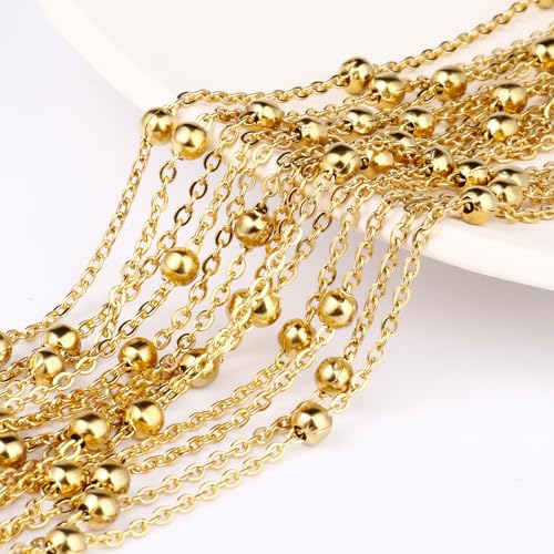 33 Feet Gold Satellite Bead Chains Roll, 2mm 18K Gold PVD Plated 304 Stainless Steel Ball Beaded Cable Link Chains Spool Bulk for Jewelry Making DIY Craft - color: Gold Big Beads Satellite Cable Chain