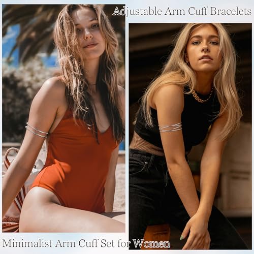 2Pcs Gold Arm Cuff for Women Adjustable Arm Cuff Bracelet Minimalist Open Coil Upper Arm Band Cuff Bangle Set - style: Silver B