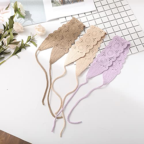 CHLINS Headband, 3PCS Crochet Hairband for Women - Floral Elastic Handmade Head Wrap Bohemian knit Headband for Women and Girls (Purple, Beige, Light coffee) - color: Purple+Beige+Light coffee