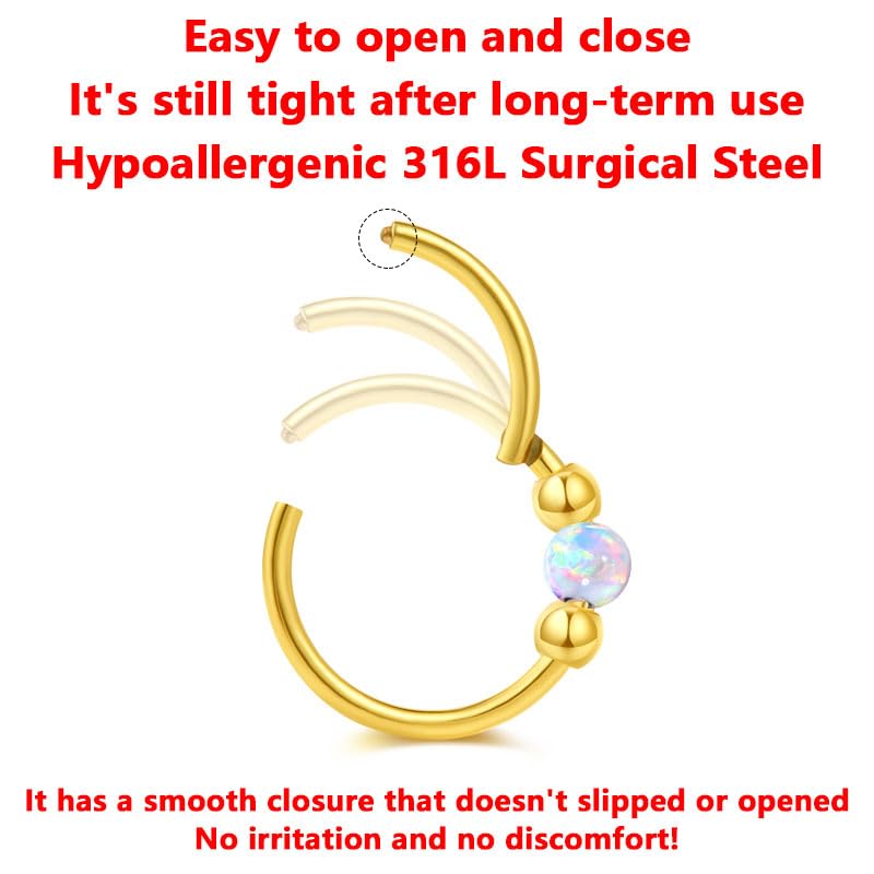 Opal Nose Ring Studs Horseshoe Nose Rings Hoops Stud 316L Stainless Steel Nose Rings Round CZ Square Screw L Shaped Nose Stud Hypoallergenic Nostril Piercing Jewelry for Women Men - color: Gold/Purple gem/18g 10mm hoop/Screw Studs