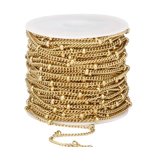 33 Feet Gold Satellite Curb Chain Roll, 2mm 18K Gold PVD Plated 304 Stainless Steel Ball Beaded Twisted Link Chains Spool Bulk for Jewelry Making DIY Craft - color: Gold Small Beads Satellite Curb Chain