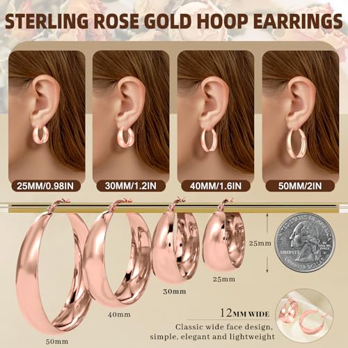 Senteria 12mm Wide Thick Hoop Earrings 925 Sterling Silver Hoop Earrings for Women Hypoallergenic 14K Real Gold Plated Hoops Large Earring Lightweight Chunky Hoops Earring for Women 25/30/40/50MM - color: Rose Gold-40mm